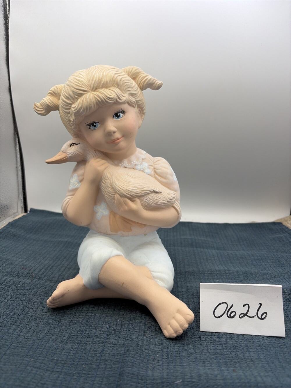 Vintage 1980s Ceramic Girl Holding Duck Signed Statues Yard Ornaments Decor